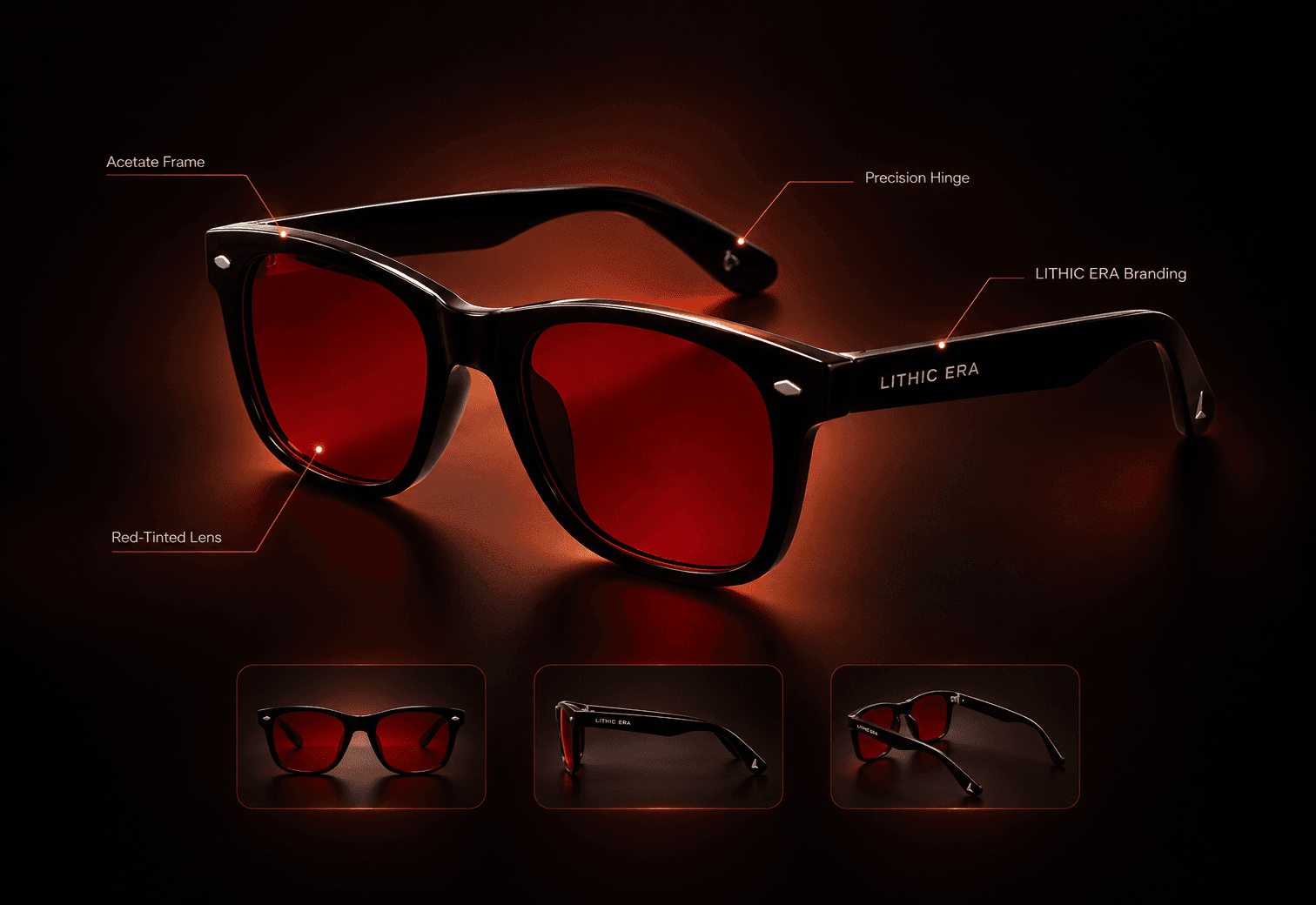 Crimson 01 component breakdown: acetate frame, red-tinted lens, precision hinge, and Lithic Era temple branding, with front, side, and rear views