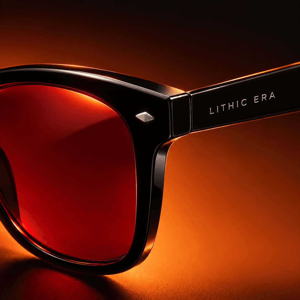 Crimson lens with the Lithic Era temple print